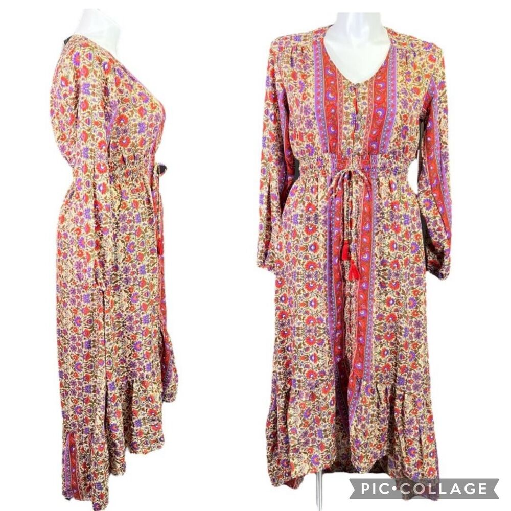 Revolve Boemo Womens Peasant Dress Boho Smocked High Low Button Down Large